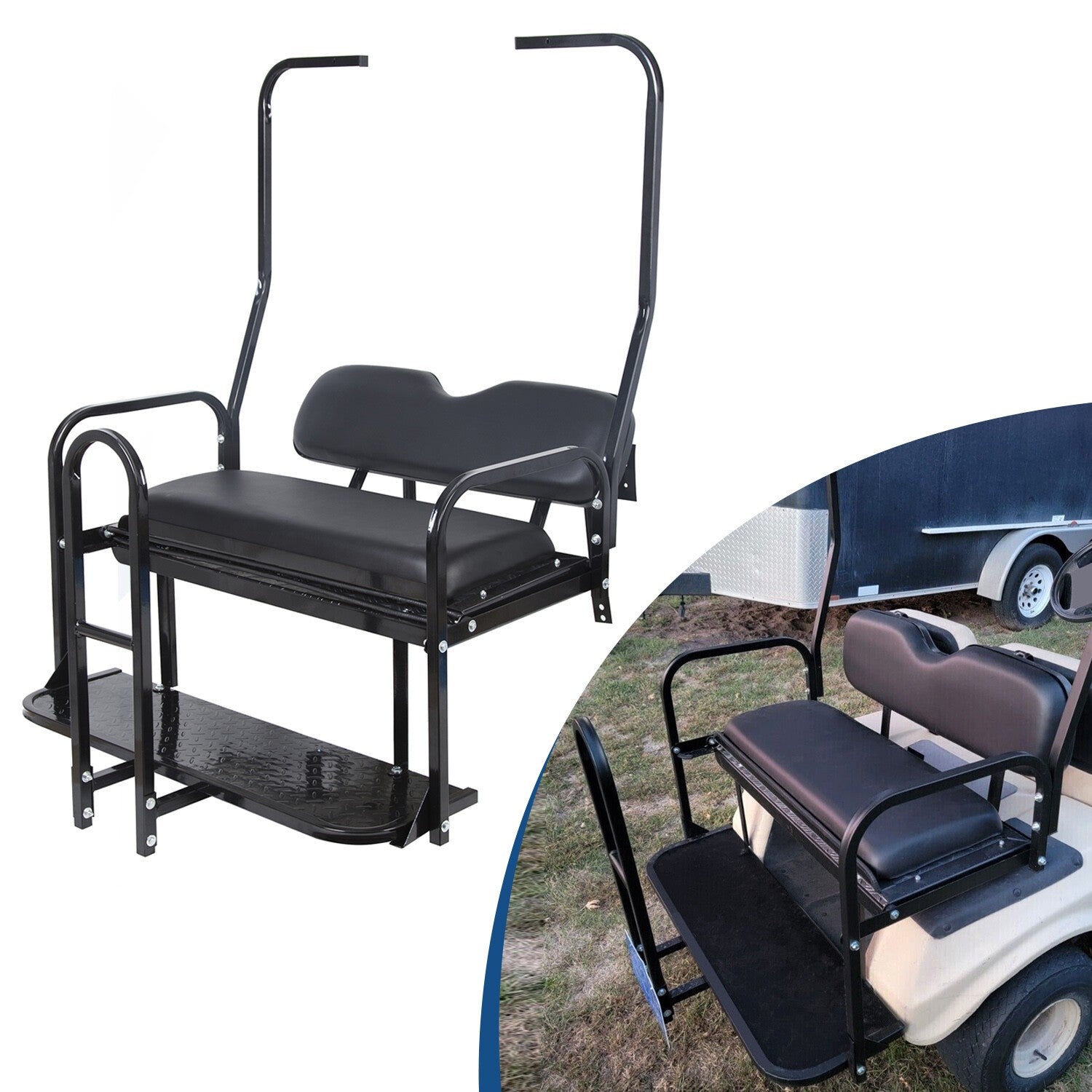 Rear Flip Seat Kit for Club Car Golf Cart DS Model 1982-2000/Black w/t Grab Bar
