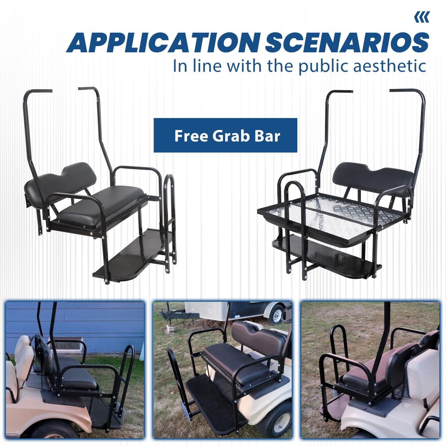 Rear Flip Seat Kit for Club Car Golf Cart DS Model 1982-2000/Black w/t Grab Bar