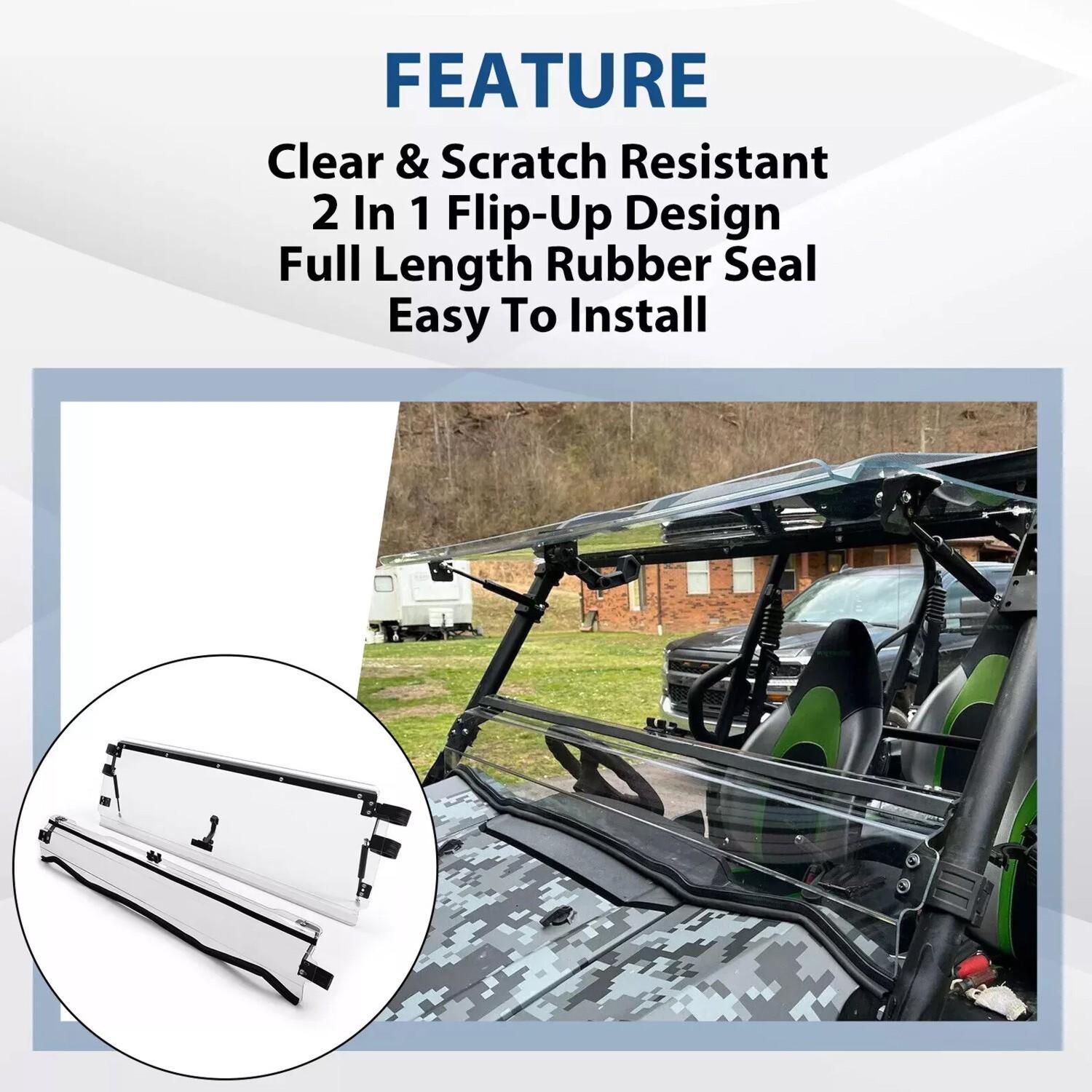 Folding Flip Windshield Scratch Resistant For Kawasaki Teryx 4 800/ 4 S ,2016-23