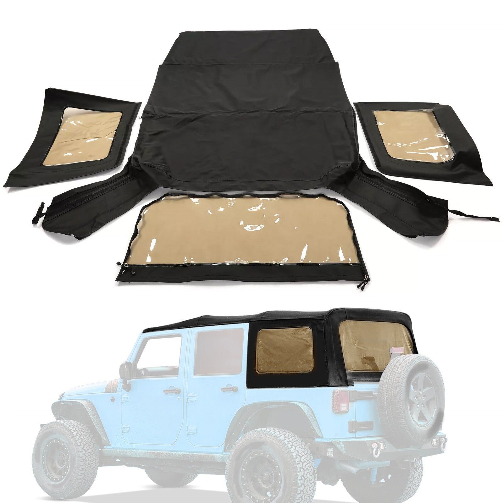 Fits 2010-18 Jeep Wrangler JK Rubicon 4-Door Replacement Soft Top Tinted Windows
