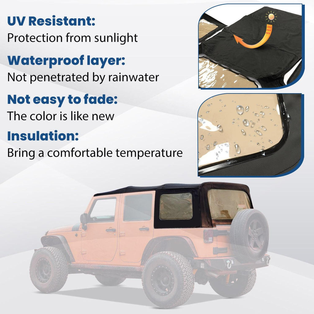 Fits 2010-18 Jeep Wrangler JK Rubicon 4-Door Replacement Soft Top Tinted Windows