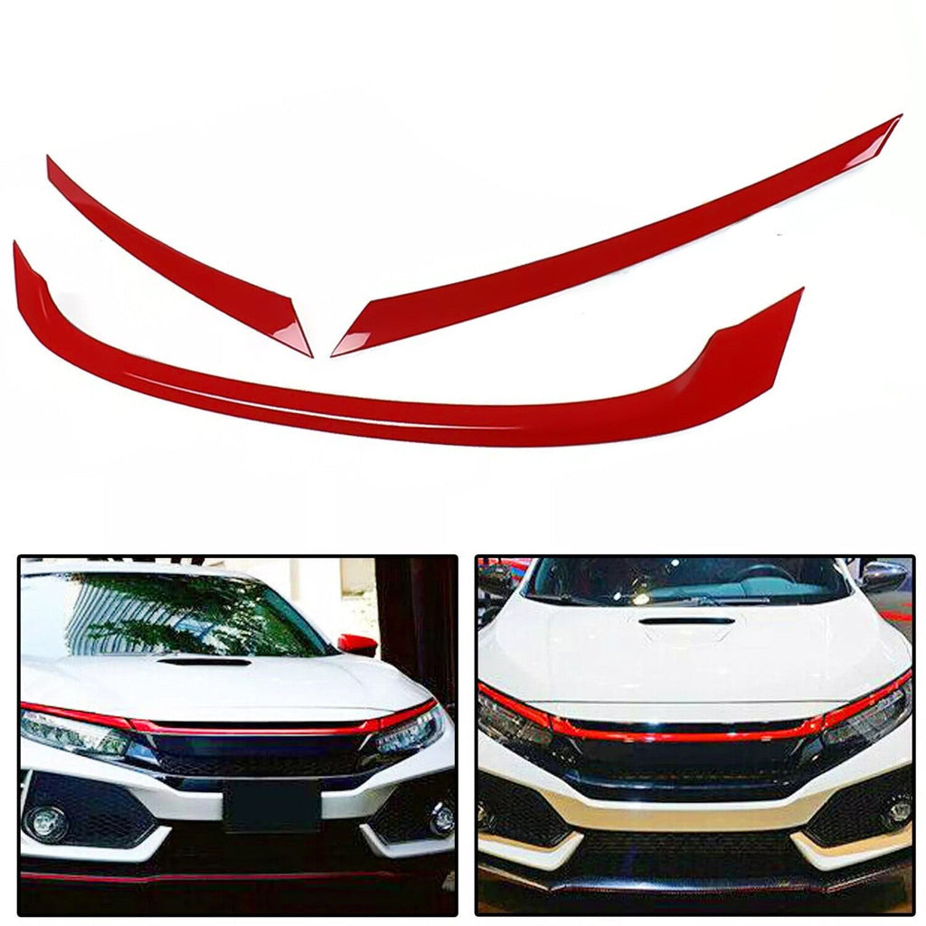 FOR 2016-2021 HONDA CIVIC JDM GLOSSY RED ABS FRONT GRILL TRIM COVER GARNISH- 3PC