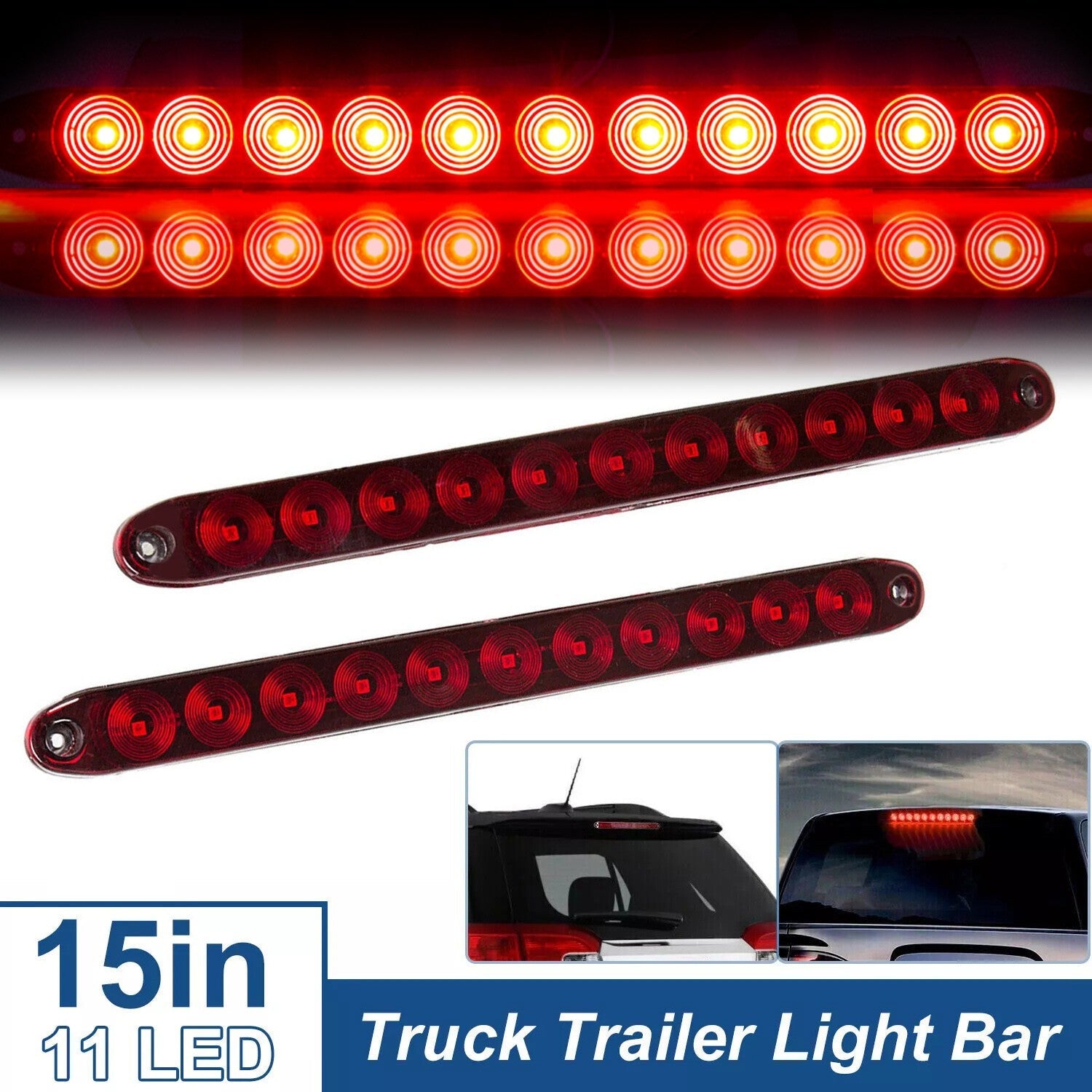 2PCS 15" Red Truck Trailer Light Bar 11 LED Stop Turn Tail Brake Lights Strip