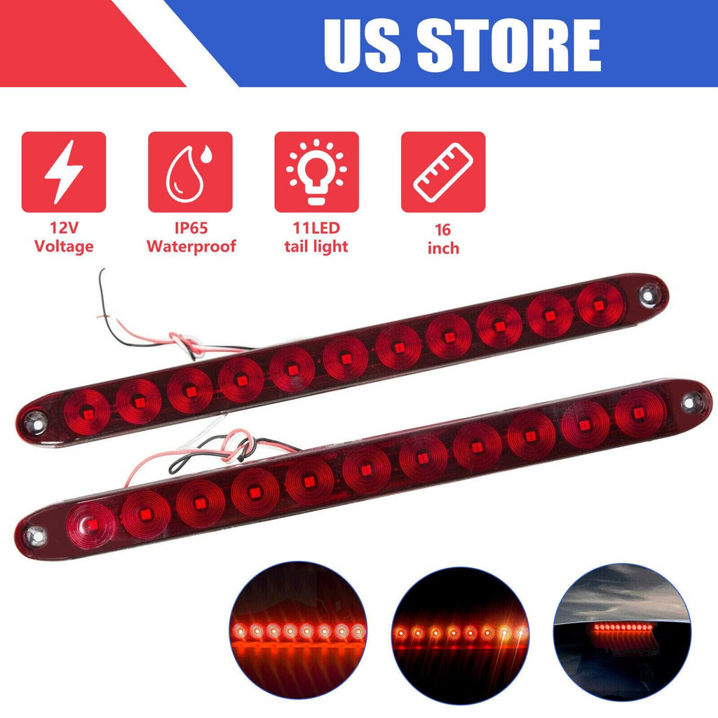 2PCS 15" Red Truck Trailer Light Bar 11 LED Stop Turn Tail Brake Lights Strip