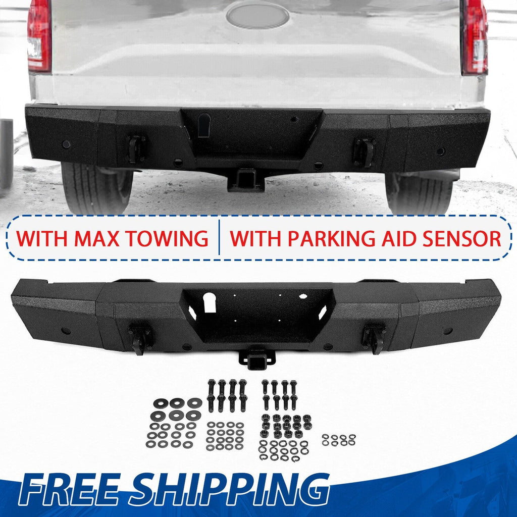 Rear Bumper Heavy Duty Steel For Ford F150 15-20 W/ TOW HITCH & Sensor Holes