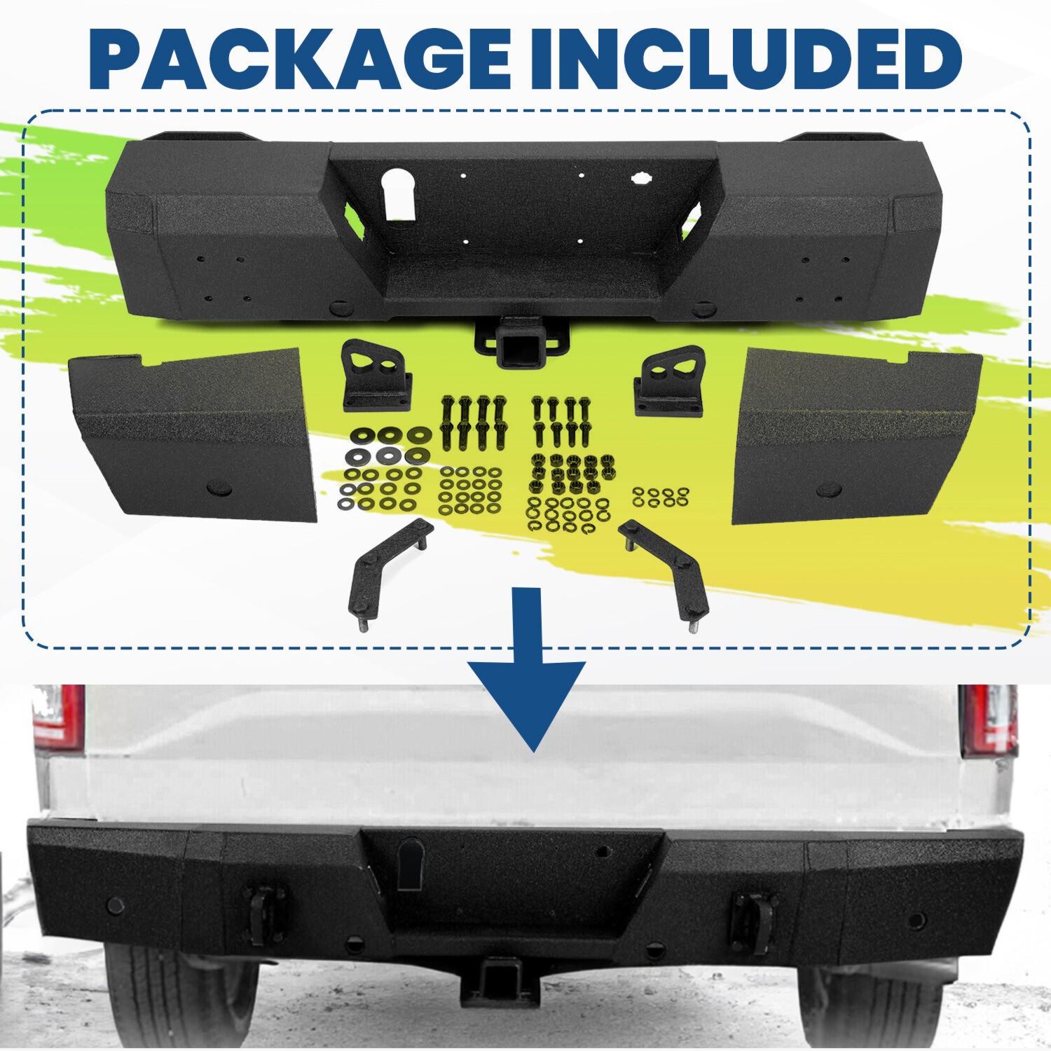 Rear Bumper Heavy Duty Steel For Ford F150 15-20 W/ TOW HITCH & Sensor Holes
