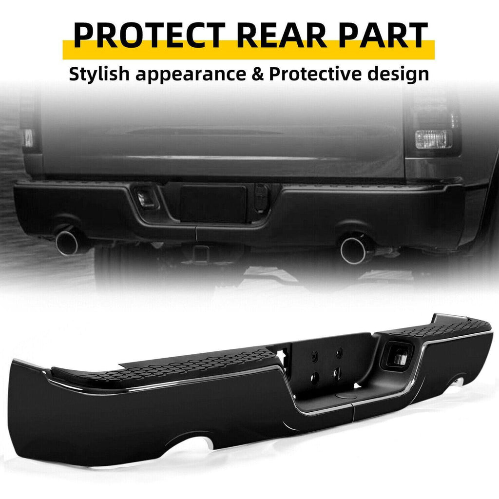 Gloss Black Rear Bumper For 09-18 Dodge Ram 1500 w/Dual Exhaust w/o Sensor Holes