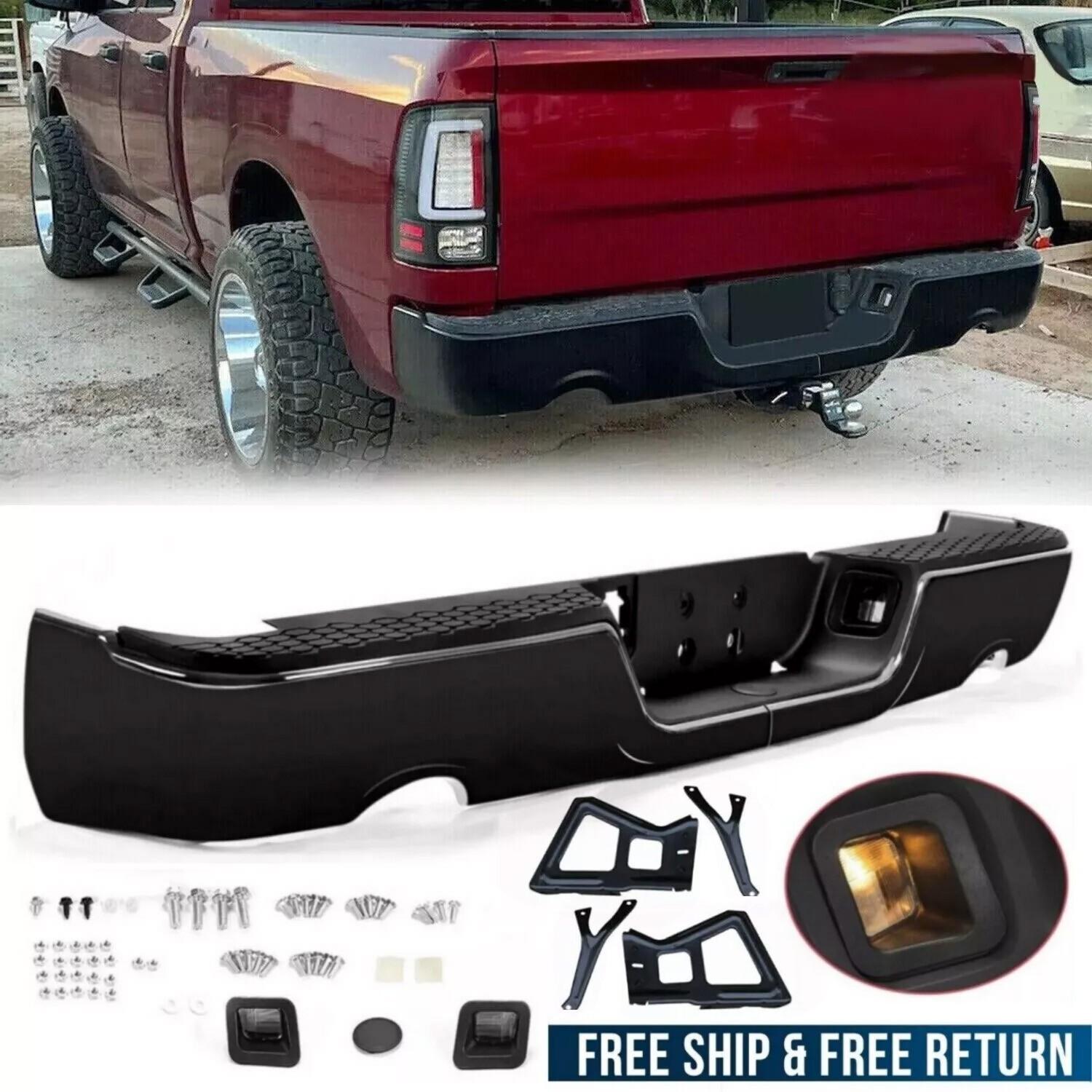 Gloss Black Rear Bumper For 09-18 Dodge Ram 1500 w/Dual Exhaust w/o Sensor Holes