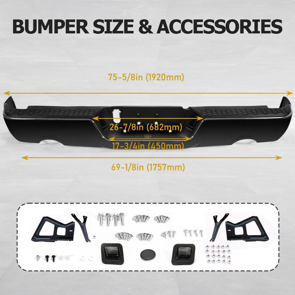 Gloss Black Rear Bumper For 09-18 Dodge Ram 1500 w/Dual Exhaust w/o Sensor Holes