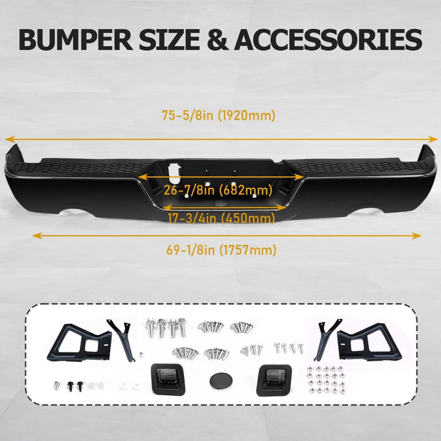 Gloss Black Rear Bumper For 09-18 Dodge Ram 1500 w/Dual Exhaust w/o Sensor Holes