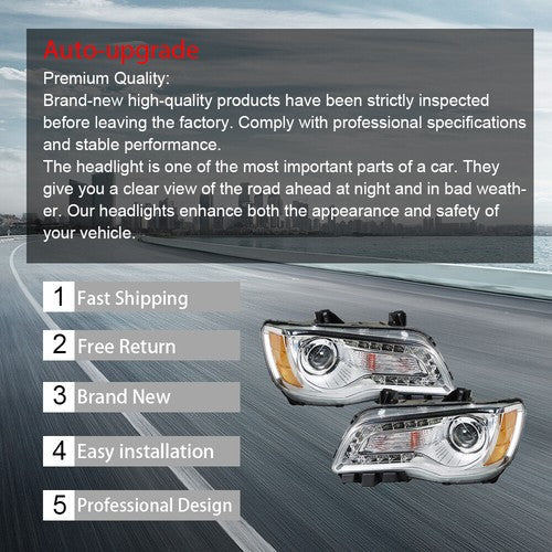 Pair Set For Chrysler 300 2011-2014 Headlight Replacement Halogen Clear Lens L+R