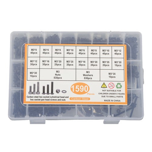 1590 pcs M3 Screw Kit with Hex Button and Socket Head Bolts, Nuts, and Washers