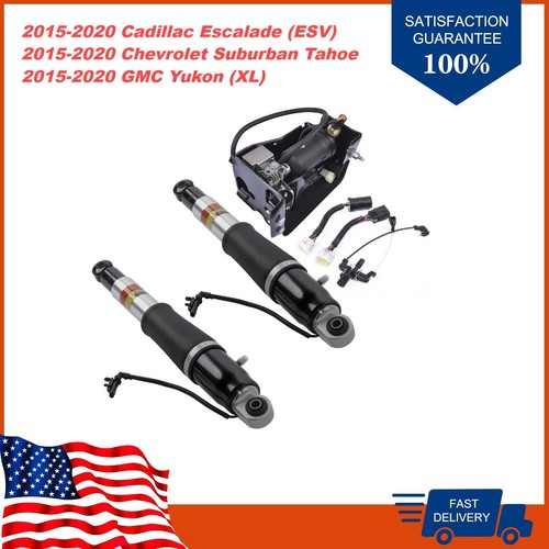 Pair Rear Air Shock Struts + Compressor Pump For Chevy Tahoe GMC Yukon 2015-2019