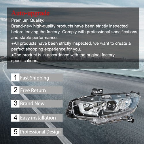 Headlight Assembly Halogen Chrome Clear Driver LH Side For Honda Civic 2016-2020