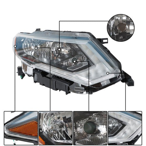 Headlamps Assembly LH+RH For 2017-2019 Nissan Rogue Clear Lens Halogen Chrome