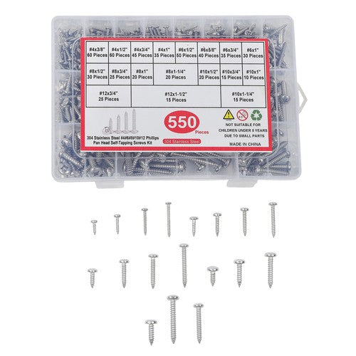 550× Wood screws kits #4 #6 #8 #10 #12 countersunk 304 Stainless steel