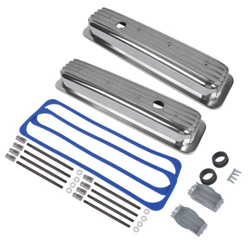Finned Polished Aluminum Center Bolt Short Valve Covers For SBC 350 5.7 5.0 V8