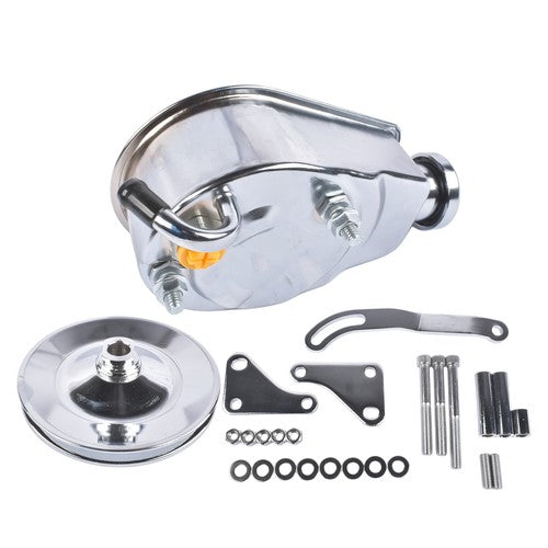 For Chevy SBC 265 283 Chrome Steel Power Steering Pump With Bracket Kit & Pulley