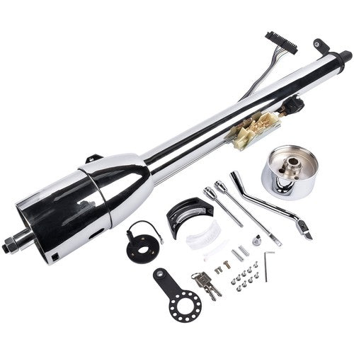 30" Chrome Tilt Auto Steering Column w/ 9 Hole Wheel Adapter Key Stainless Steel