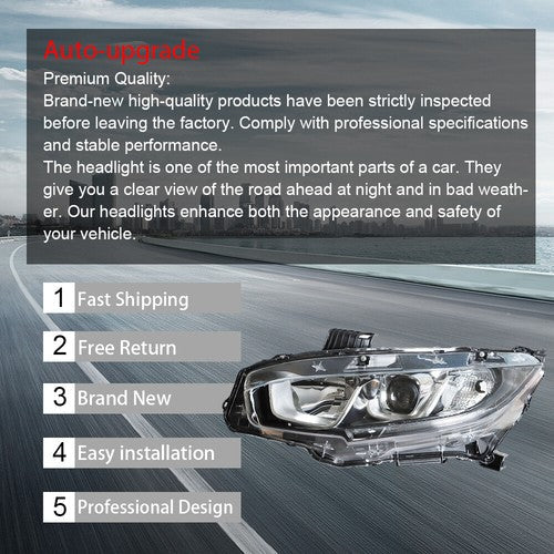 Headlight Assembly For Honda Civic 2016-2020 Headlamps Left + Right Side Halogen