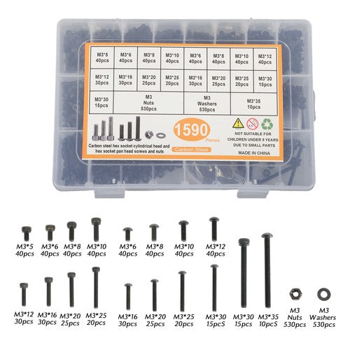 1590-Piece M3 Screw Kit with Hex Button & Socket Head Bolts, Nuts, and Washers
