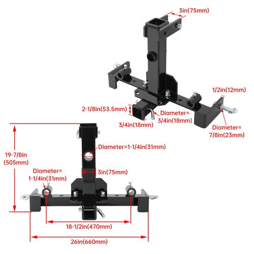 3 Point Receiver Trailer Hitch Attachment For Cat 1 Tractor Tow Drawbar Adapter