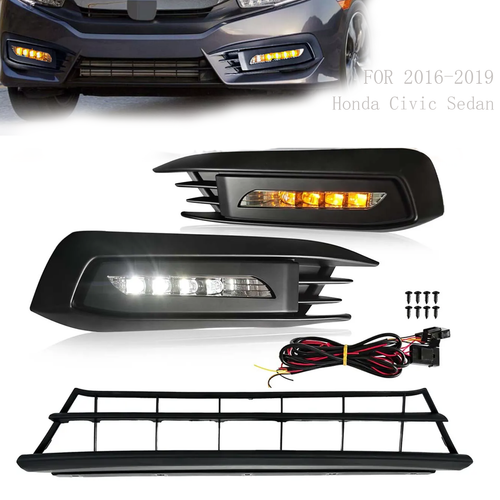 Front Bumper Lower Grille & DRL Fog Light Lamp for 2016-2018 for Honda Civic