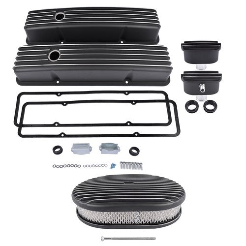 For Chevy SBC 58-86 Finned Tall Valve Covers & 12" Air Cleaner & Breather Kit