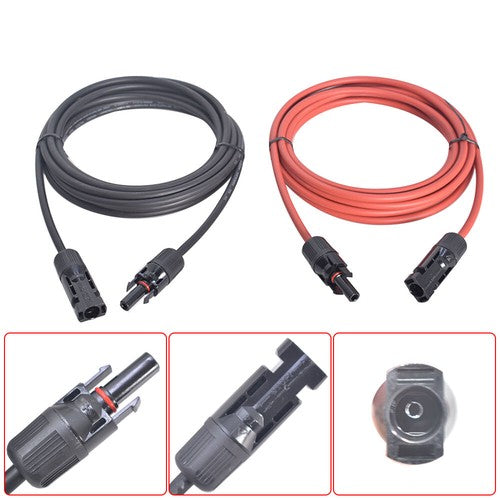 1Pair Solar Panel Extension Cable Wire Connector 12AWG 10ft Black + Red