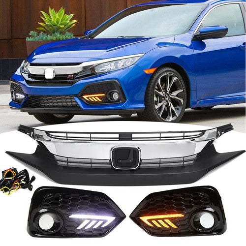 LED DRL Fog Lights Cover & Chrome Grille Grill for 2016-2018 for Honda Civic Si