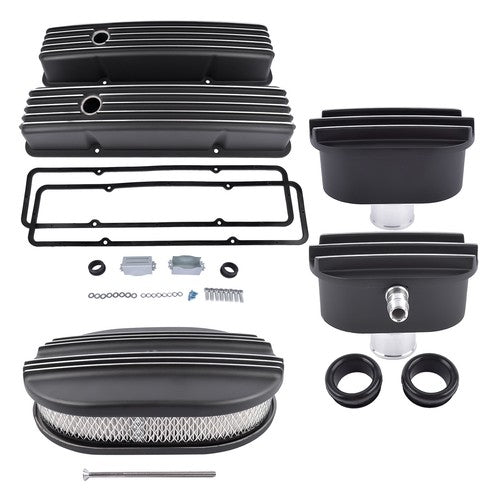 Polished Aluminum Finned Tall Valve Cover & 12" Air Cleaner for SBC 58-86 Black