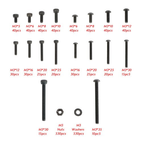 1590-Piece M3 Screw Kit with Hex Button & Socket Head Bolts, Nuts, and Washers