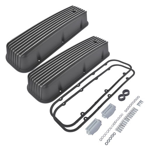 3-11/16" Tall Finned Valve Covers Black for Chevy BBC 396 402 454 502 1965-1995