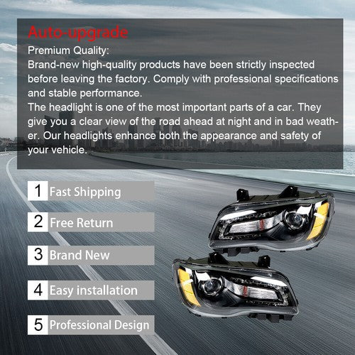 Headlight Black Pair Projector For Chrysler 300 11-14 Passenger + Driver Side