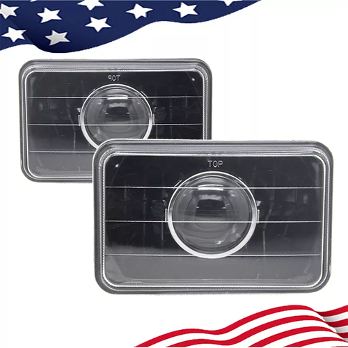 4x6" Clear Glass Lens Diamond Cut Black Semi Sealed Beam Headlights Headlamps