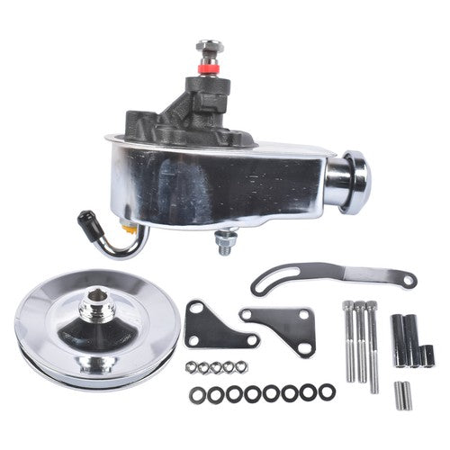 For Chevy SBC 265 283 Chrome Steel Power Steering Pump With Bracket Kit & Pulley