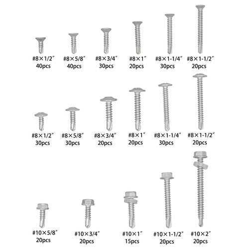 425 Pcs 410 Stainless Steel Self-Tapping Screws, #8 #10 Self-Drilling Set