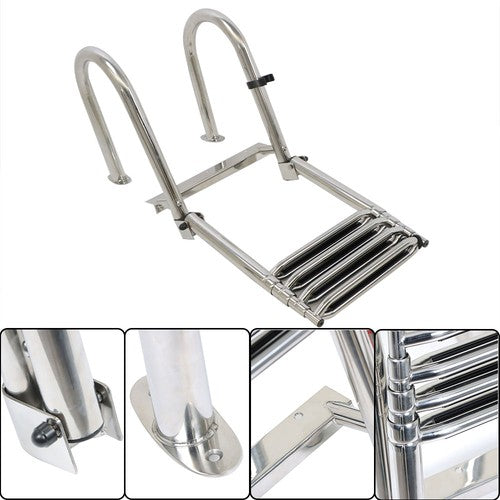 New Stainless Steel Telescoping Boat Ladder 4 Step Foldable Hand armrest