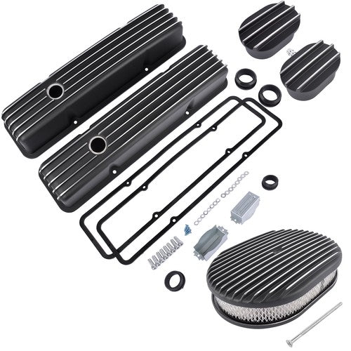 For Chevy SBC 58-86 Finned Tall Valve Covers & 12" Air Cleaner & Breather Kit
