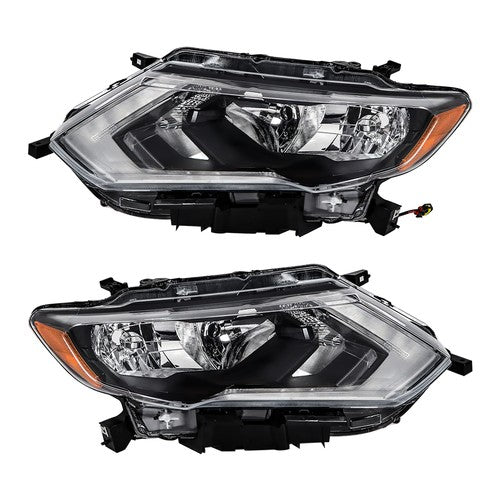 Headlamps Assembly LH+RH For 2017-2019 Nissan Rogue Clear Lens Halogen Chrome