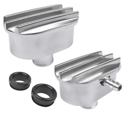 Polished Aluminum Finned Oval PCV + Push-in Breather Combo Valve Cover Set of 2