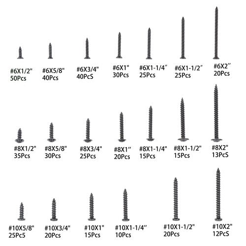 485Pcs Flat,Truss,Phillips Round Head wood screws W/20 Screw Size #6, #8, #10