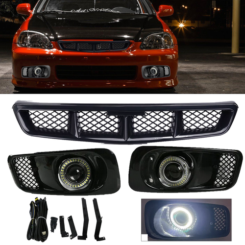 Clear Lens LED Fog Light Lamps DRL Black Grille 3PCS for 1999-2000 Honda Civic