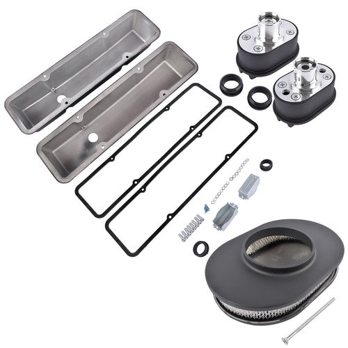 For Chevy SBC 58-86 Finned Tall Valve Covers & 12" Air Cleaner & Breather Kit