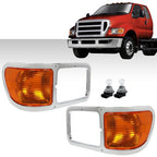 Fit For 00-15 Ford F650 F750 Pair Headlight Bezel Trim Driver Passenger With Bulbs