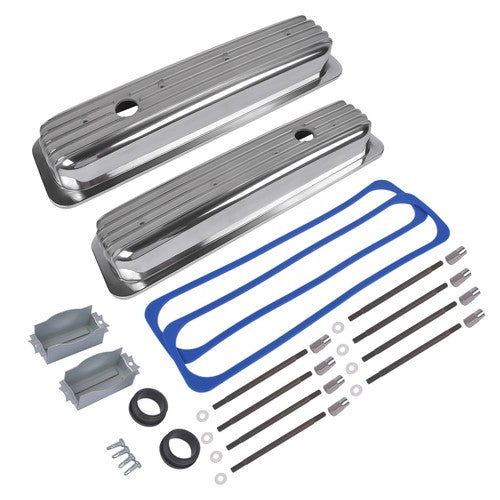 Finned Polished Aluminum Center Bolt Short Valve Covers For SBC 350 5.7 5.0 V8
