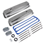 Finned Polished Aluminum Center Bolt Short Valve Covers For SBC 350 5.7 5.0 V8