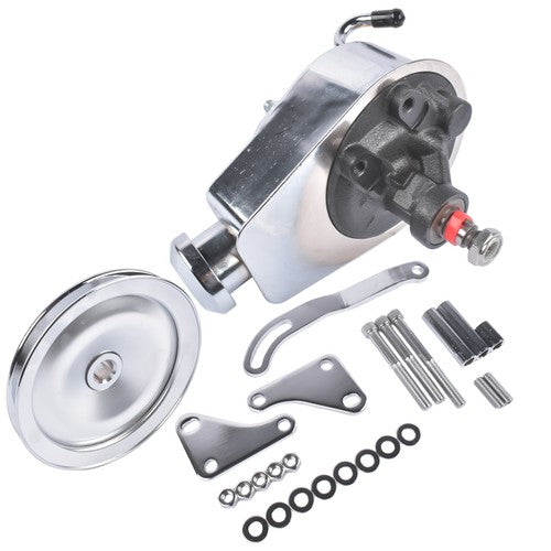 For Chevy SBC 265 283 Chrome Steel Power Steering Pump With Bracket Kit & Pulley
