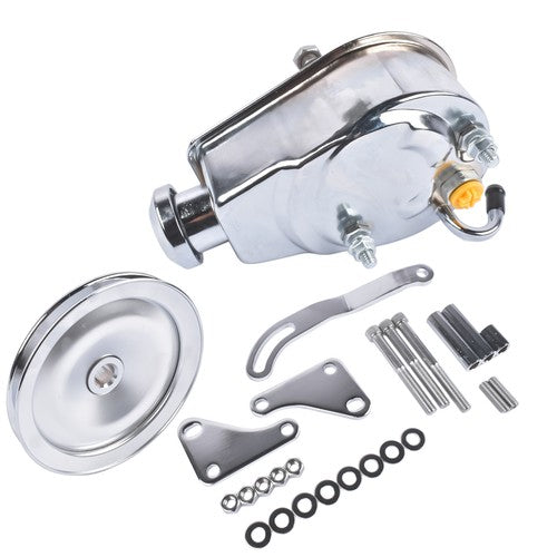 For Chevy SBC 265 283 Chrome Steel Power Steering Pump With Bracket Kit & Pulley