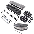 Polished Aluminum Finned Tall Valve Cover & 12" Air Cleaner for SBC 58-86 Black